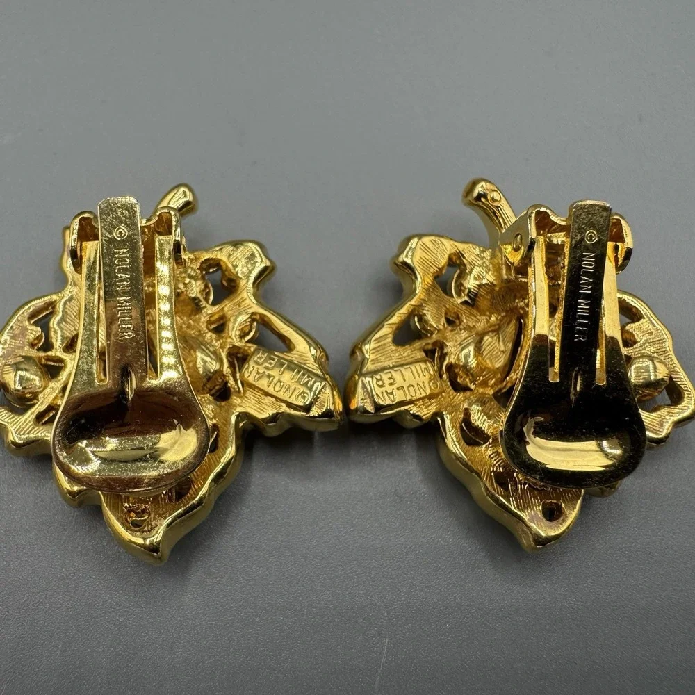 Vintage Nolan Miller Gold Tone Autumn Leaf Rhinestone Clip On Earrings